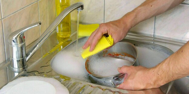 Dishes are washed by hand
