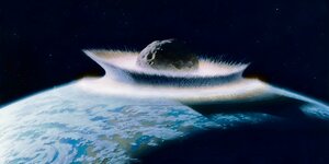 Eine Zeichnung zeigt einen Asteroid, der auf der Erdoberfläche einschlägt.