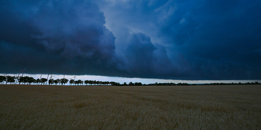 Brandenburg, Sieversdorf: Am späten Abend zieht eine Gewitterzelle mit dunklen Regenwolken über die Landschaft. Der Deutsche Wetterdienst DWD stellt am 21. März die Klima-Bilanz für das Jahr 2022 vor