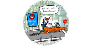 Farbiger Cartoon: Ein Mann sitzt in einem Fahrzeug, das wie eine Möhre gestaltet ist. Ein Beamter vom "Fleischzoll" hält eine Wurst triumphierend in die Höhe, die er beim Autofahrer konfisziert hat.