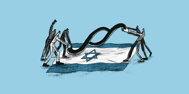 Illustration - Menschen ringen um Paragraphen auf Israelflagge