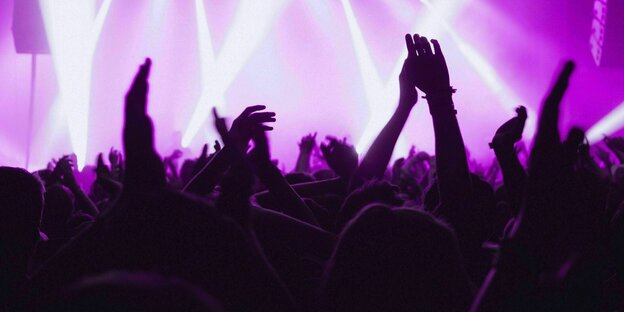 Menschen tanzen und strecken auf einem Konzert ihre Arme in die Höhe