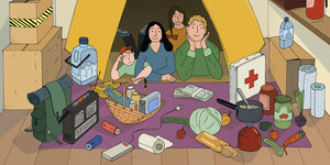 Illustration: Familie hat Vorräte angelegt und schaut aus einem Zelt