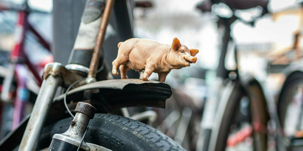 Ein kleines Schwein aus Plastik ist auf das vordere Schutzblech eines geparkten Fahrrades geschraubt