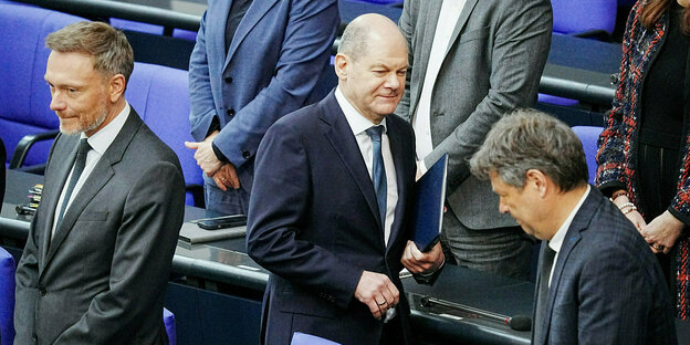 Bundeskanzler Olaf Scholz, Christian Lindner und Robert Habeck am Mittwoch im Bundestag