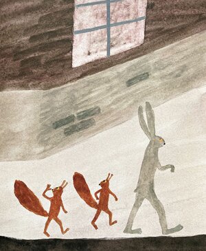 Drawing: a gray hare and two red-brown squirrels are walking with their heads held high on a street around the corner of a house