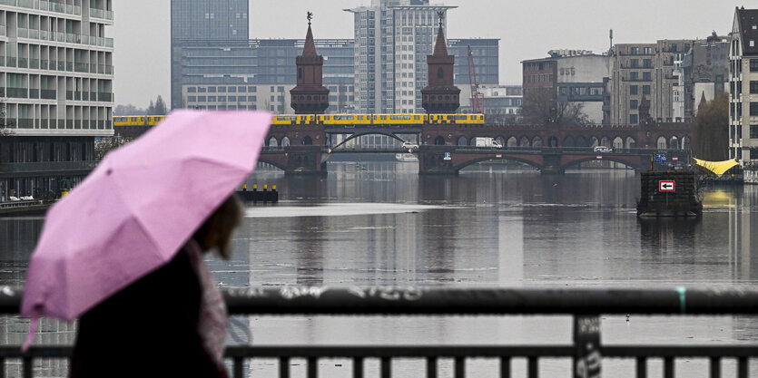 Mensch mit Regenschirm schaut auf Spree