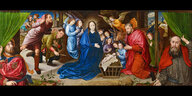 Gemälde Neugeborener Jesus in der Krippe umgeben von Menschen, rechts und links wird von 2 Männern ein grüner Vorhang aufgezogen, der die Szene zeigt