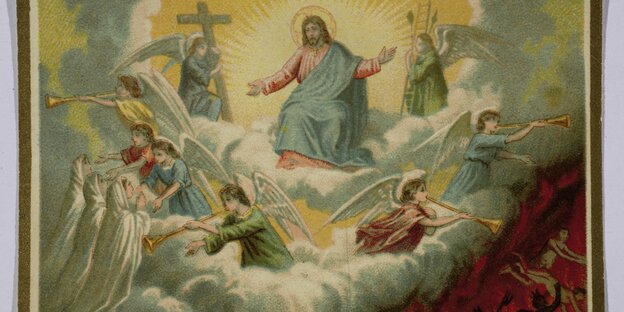 Das Jüngste Gericht, Jesus thront über den Wolken, Engel und Posaunen, in einer Ecke die lodernde Hölle