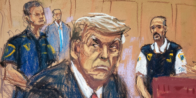 Eine Zeichnung von Donald Trump im Gerichtssaal, im Hintergrund ein Polizist