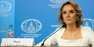 Russlands Kinderbeauftragte Maria Lwowa-Belowa bei einer Pressekonferenz im Außenministerium in Moskau am 4. April 2023