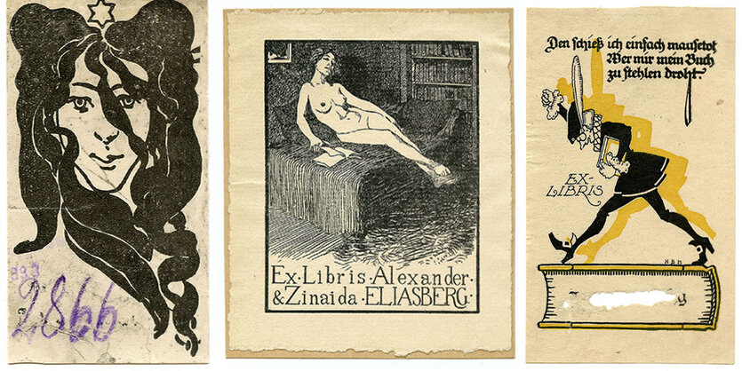 Drei schwarzweiße Exlibris mit veschiedenen Figuren