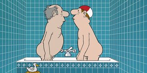 Eine Zeichnung zeigt zwei ältere Herren, die sich in einer Badewanne gegenüber stehen.
