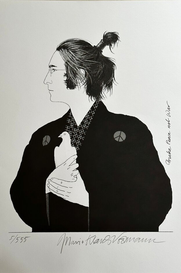 Grafik John Lennon mit Friedenstaube in der Hand und Peace Zeichen auf dem Kimono