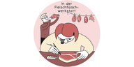 Illustration: Eine Person beugt sich mit Lupe über ein Stück Fleisch auf einem Tisch. Im Hintergrund ein Schild: In der Fleischfälschwerkstatt