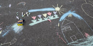 Kinderkreidezeichnung auf der Straße, Blumen, Sonne, Haus