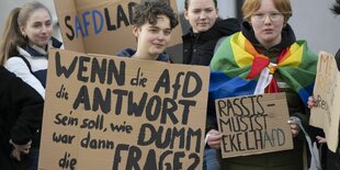 Demonstrierende halten ein Plakat in Händen. Der Slogan: Wenn die AfD die Antwort ist, wie dumm war dann die Frage?