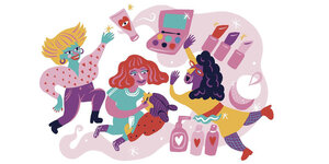 Illustration mit fröhlichen Frauen und Kosmetikartikeln