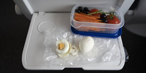 Eine Ablage im Zug, darauf hartgekochte Eier und eine Tupperdose mit Möhren, Tomaten und Trauben