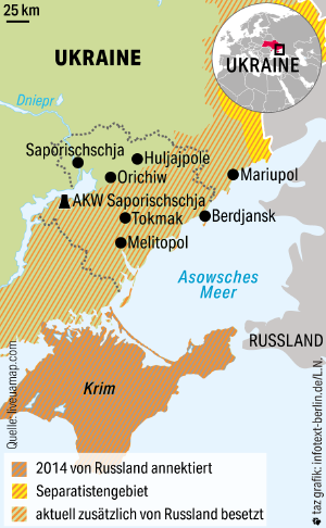 Eine Landkarte zeigt den Frontverlauf, der mitten durch die Region Saporischschja führt