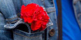 Eine rote Nelke in der Brusttasche einer Jeansjacke