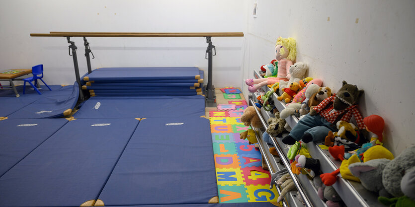 Kuscheltiere liegen in der Turnhalle des Dresdener Gymnasiums Bürgerwiese auf einem Regal.