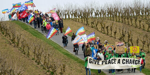 Friedensdemonstranten laufen mit einem Transparent mit der Aufschrift "Give peace a chance" durch einen Weinberg