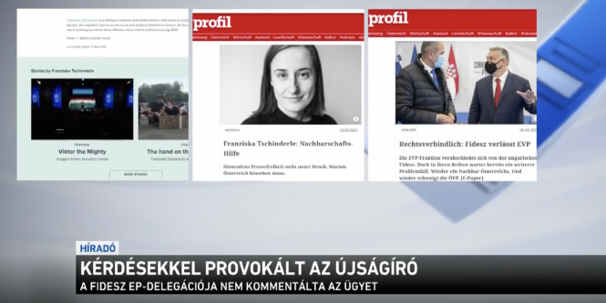 Ein Screenshot zeigt einen Ausschnitt aus einem Nachrichtenbeitrag über die österreichische Journalistin Franziska Tschinderle im ungarischen Fernsehen.