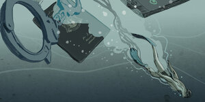 Illustration von Handschellen und Telefon im Wasser