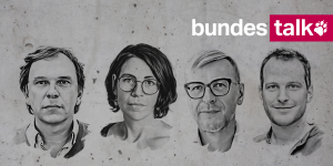 Die Köpfe der taz-Redakteur*innen Stefan Reinecke, Judith Poppe, Ulrich Gutmair und Jannis Hagmann