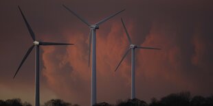 Drei Windräder vor angestrahlten Wolken