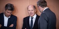 Kanzler Scholz mit Finanzminister Lindner, Vizekanzler Habeck lauschend