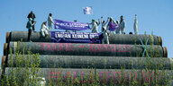 Protestierende Menschen mit Transparenten in lilafarbenen Rauch