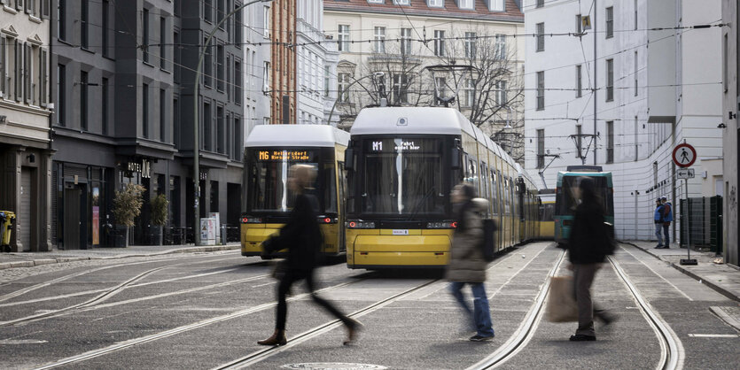 Menschen stehen vor Straßenbahnen auf der Straße