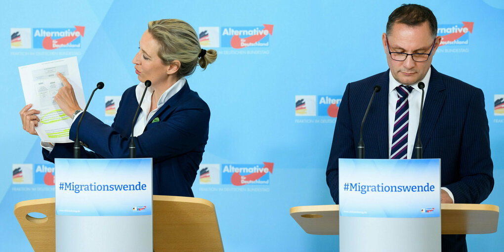 Alice Weidel und Tino Chrupalla vor AFD Logos an REdnerpulten