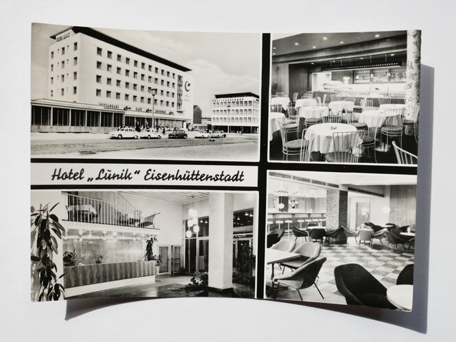 Historische Postkarte mit Ansichten des Hotels