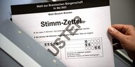 Muster von Stimmzetteln für die Wahl zur Bremischen Bürgerschaft liegen im Statistischen Landesamt.