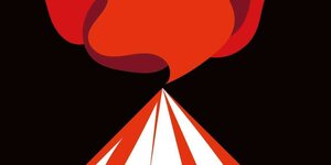 Eine schwarz-rot-weiße Illustration von einem Feuer speienden Vulkan