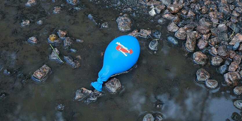 Ein luftleerer Ballon mit dem Logo der AFD in einer Pfütze