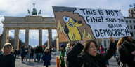 Plakat mit der Aufschrit "this is not fine! save the Israeli democracy!" vor dem Brandenburger Tor