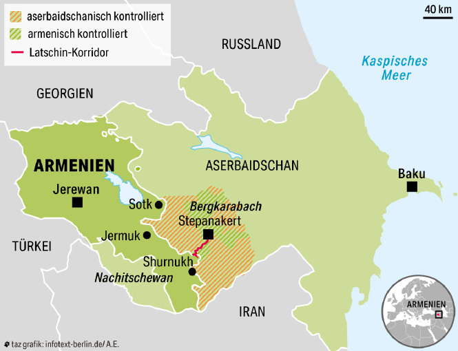 Eine Karte von Armenien und Aserbaidschan, in der Mitte Bergkarabach