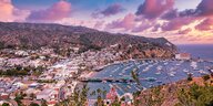 Die Stadt Avalon auf Catalina Island in Kalifornien in blau-rot-lila Farben des Sonnenuntergangs