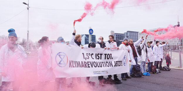 Demonstrierende Menschen in rosa Nebel mit einem langen Spruchband "1,5 Grad sind tot"