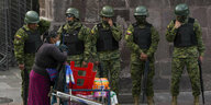 Mehrere Soldaten stehen vor einer Mauer, eine Frau mit einem Handwagen steht vor ihnen