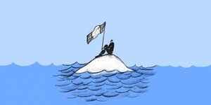 Eine Person mit der Frankreich-Fahne hockt auf einer kleinen Insel (Illustration)