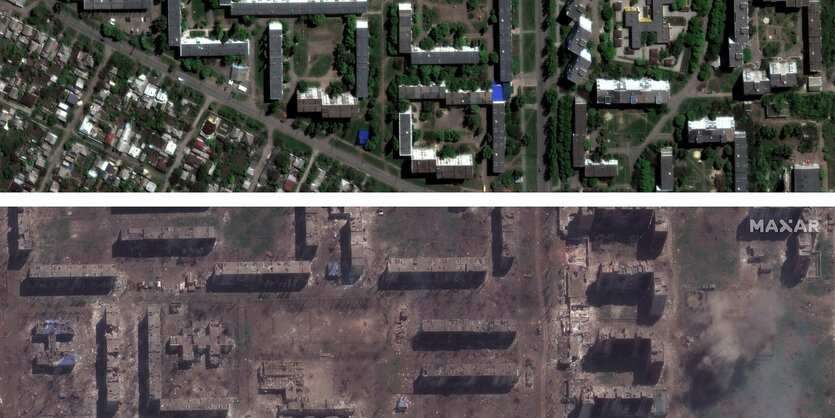 Luftaufnahmen von Bachmut vor und nach dem Krieg