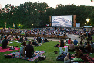 Zu sehen sind Besuchende auf der Liegewiese im Freiluftkino Kreuzberg, bei Dämmerung auf die Leinwand schauend.