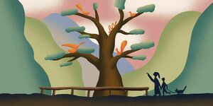 Ein großer alter Baum auf dem Vögel, eine Schlange und ein Eichhörnchen unterwegs sind (Illustration)