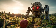 Ein futuristischer Roboter auf einem Erdbeerenfeld