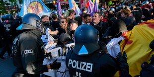 Turbulente Szene einer Demonstration, im Vordergrund Polizisten in Montur